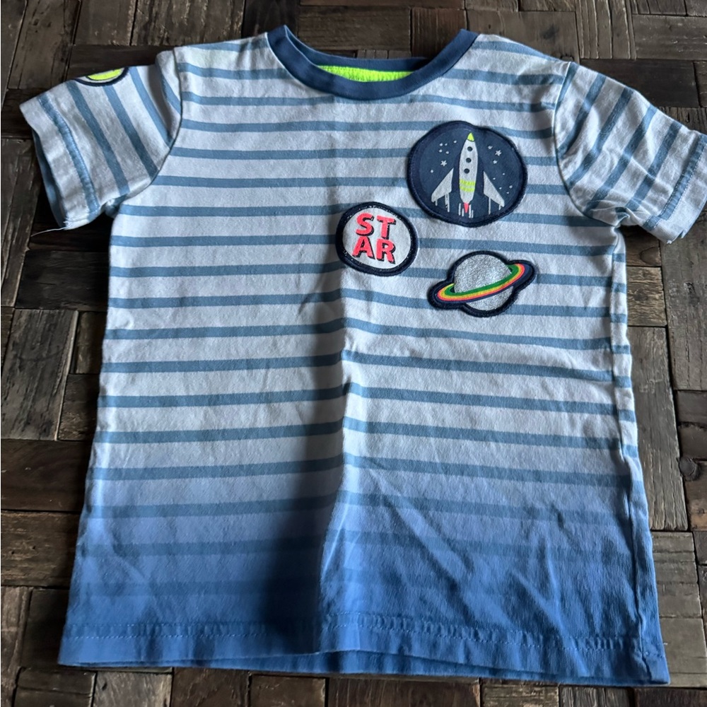 Mini Boden Blue Striped Tee with Space Patches